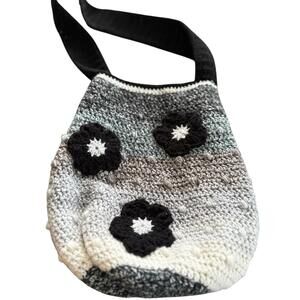 Crocheted Shoulder Bag Purse Black White Gray Rosettes Could Be Handmade